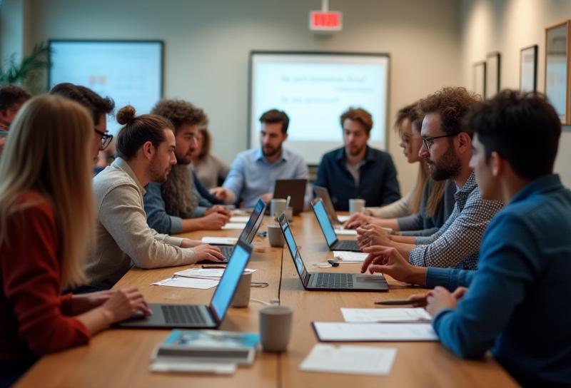 Gruppo eterogeneo di persone che collaborano su tecnologia educativa